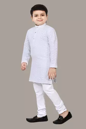 Boys chikankari sequins viscose rayon kurta pajama set for boys - white