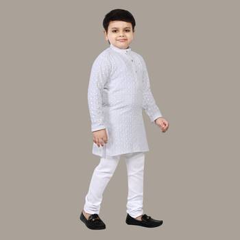 Boys chikankari sequins viscose rayon kurta pajama set for boys - white 4