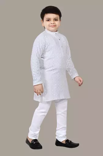 Boys chikankari sequins viscose rayon kurta pajama set for boys - white