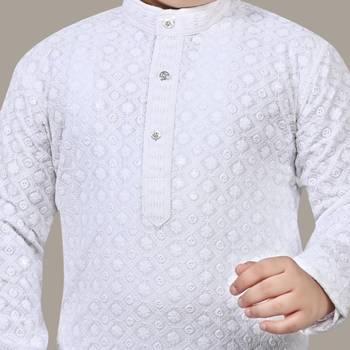 Boys chikankari sequins viscose rayon kurta pajama set for boys - white 5
