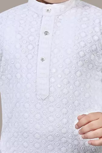 Boys chikankari sequins viscose rayon kurta pajama set for boys - white