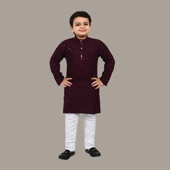 Boys chikankari sequins viscose rayon kurta pajama set for boys - wine 1