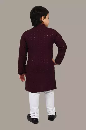 Boys chikankari sequins viscose rayon kurta pajama set for boys - wine