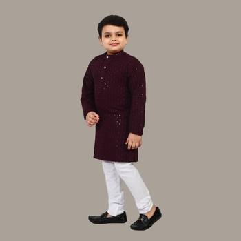 Boys chikankari sequins viscose rayon kurta pajama set for boys - wine 3
