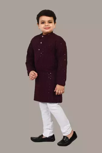 Boys chikankari sequins viscose rayon kurta pajama set for boys - wine