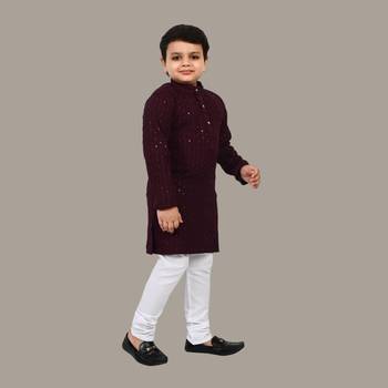 Boys chikankari sequins viscose rayon kurta pajama set for boys - wine 4