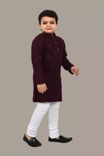 Boys chikankari sequins viscose rayon kurta pajama set for boys - wine