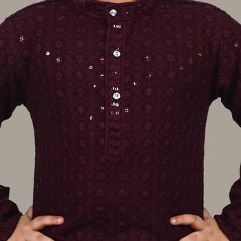 Boys chikankari sequins viscose rayon kurta pajama set for boys - wine 5
