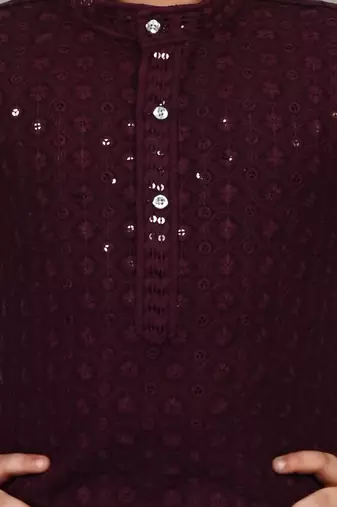 Boys chikankari sequins viscose rayon kurta pajama set for boys - wine