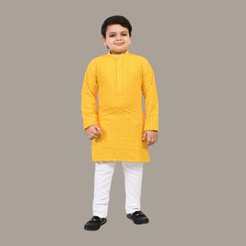 Boys chikankari sequins viscose rayon kurta pajama set for boys - yellow 1