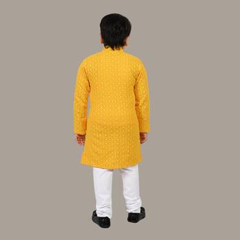 Boys chikankari sequins viscose rayon kurta pajama set for boys - yellow 2
