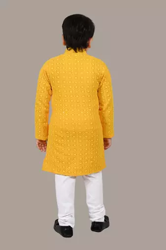 Boys chikankari sequins viscose rayon kurta pajama set for boys - yellow