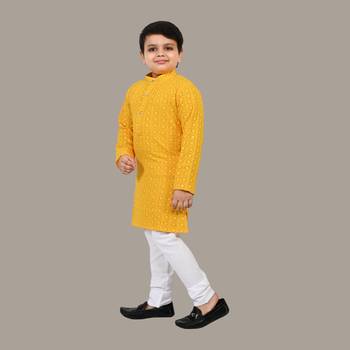 Boys chikankari sequins viscose rayon kurta pajama set for boys - yellow 3