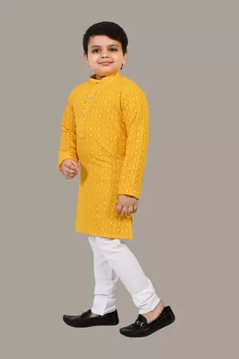 Boys chikankari sequins viscose rayon kurta pajama set for boys - yellow