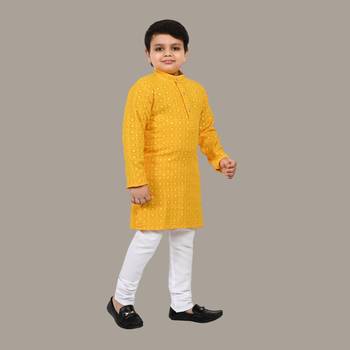 Boys chikankari sequins viscose rayon kurta pajama set for boys - yellow 4