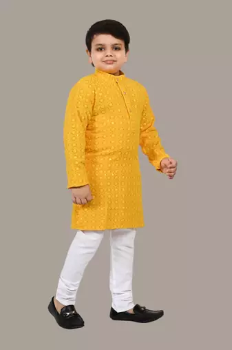 Boys chikankari sequins viscose rayon kurta pajama set for boys - yellow