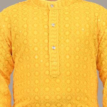 Boys chikankari sequins viscose rayon kurta pajama set for boys - yellow 5