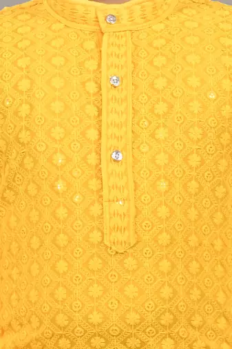 Boys chikankari sequins viscose rayon kurta pajama set for boys - yellow