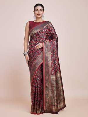 Banarasi Satin silk blend Maroon Weaving Work Saree 1