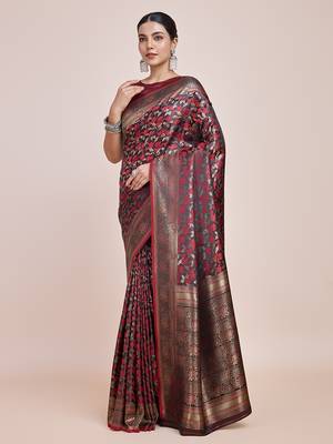 Banarasi Satin silk blend Maroon Weaving Work Saree 2