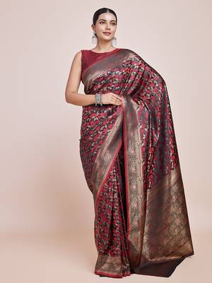 Banarasi Satin silk blend Maroon Weaving Work Saree 3