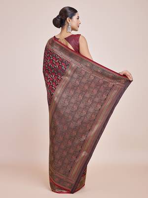 Banarasi Satin silk blend Maroon Weaving Work Saree 4