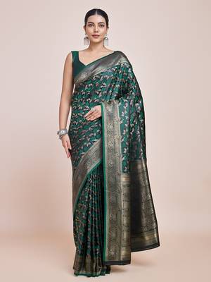 Banarasi Satin silk blend Dark Green Weaving Work Saree 1