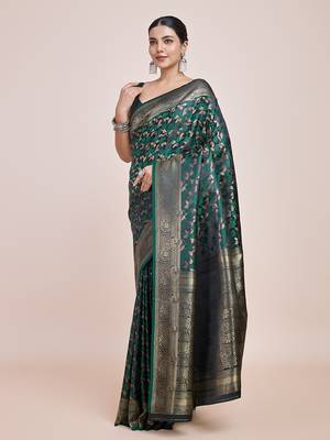 Banarasi Satin silk blend Dark Green Weaving Work Saree 2