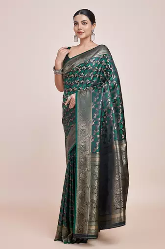 Banarasi Satin silk blend Dark Green Weaving Work Saree
