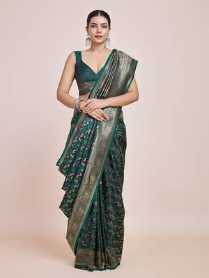 Banarasi Satin silk blend Dark Green Weaving Work Saree 3