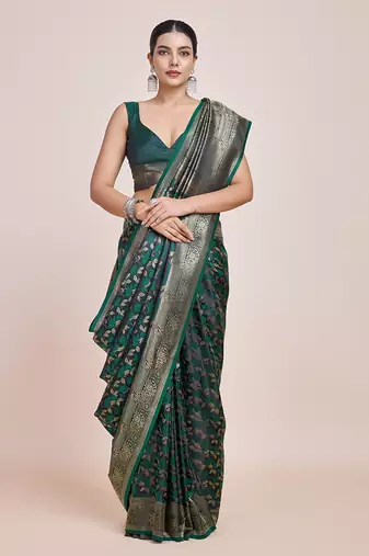 Banarasi Satin silk blend Dark Green Weaving Work Saree