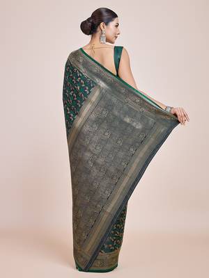 Banarasi Satin silk blend Dark Green Weaving Work Saree 4