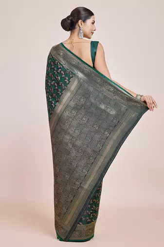 Banarasi Satin silk blend Dark Green Weaving Work Saree