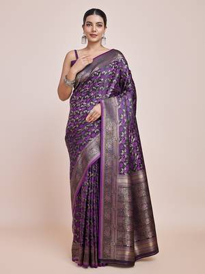 Banarasi Satin silk blend Dark Purple Weaving Work Saree 1