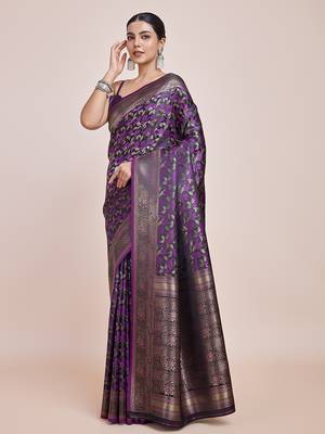 Banarasi Satin silk blend Dark Purple Weaving Work Saree 2