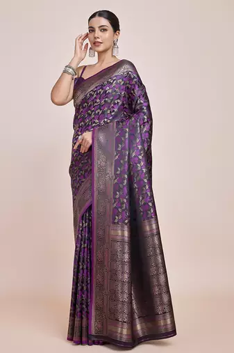 Banarasi Satin silk blend Dark Purple Weaving Work Saree