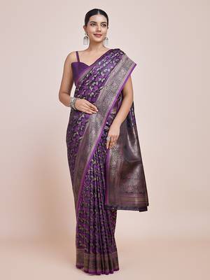 Banarasi Satin silk blend Dark Purple Weaving Work Saree 3