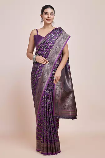 Banarasi Satin silk blend Dark Purple Weaving Work Saree