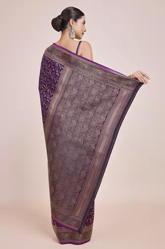 Banarasi Satin silk blend Dark Purple Weaving Work Saree