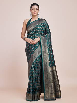 Banarasi Satin silk blend Dark Teal Weaving Work Saree 1