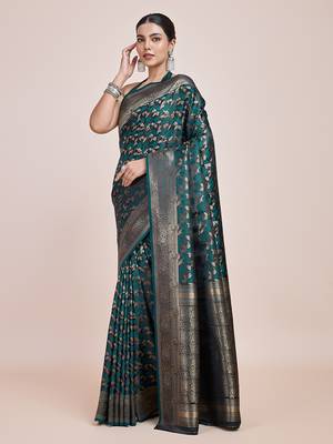 Banarasi Satin silk blend Dark Teal Weaving Work Saree 2