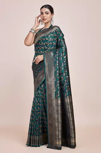 Banarasi Satin silk blend Dark Teal Weaving Work Saree