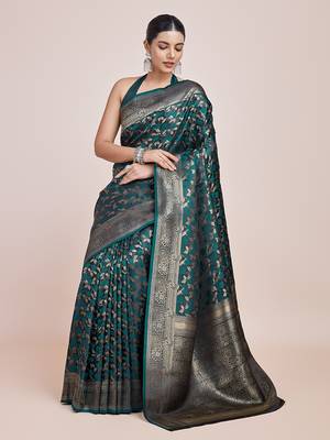 Banarasi Satin silk blend Dark Teal Weaving Work Saree 3