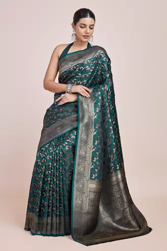 Banarasi Satin silk blend Dark Teal Weaving Work Saree