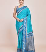 Sky Blue Banarasi silk blend Saree In Satin Is Classy Embellished With Golden Zari Work