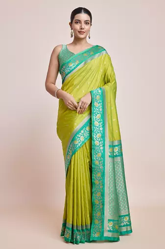 Parrot Green Banarasi silk blend Saree In Satin Is Classy Embellished With Golden Zari Work