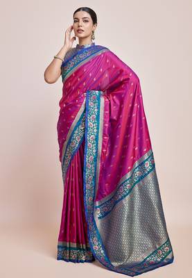 Magenta Banarasi satin silk blend zari work Saree 3
