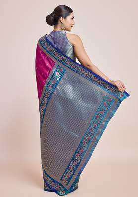 Magenta Banarasi satin silk blend zari work Saree 4