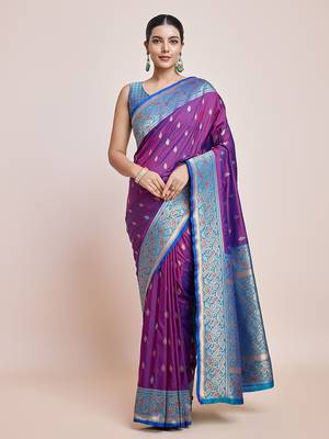 Purple Banarasi Satin silk blend Zari Woven Saree 1