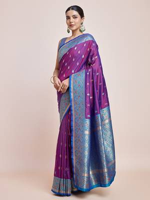 Purple Banarasi Satin silk blend Zari Woven Saree 2